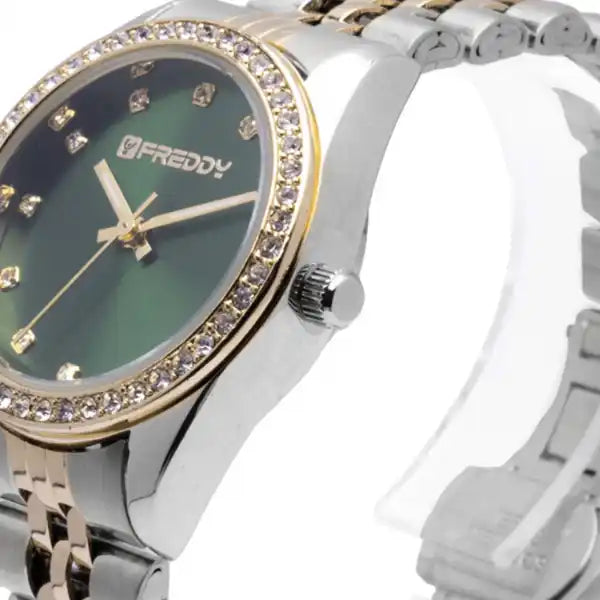 Orologio da polso bicolore con ghiera incassata di pietre preziose.