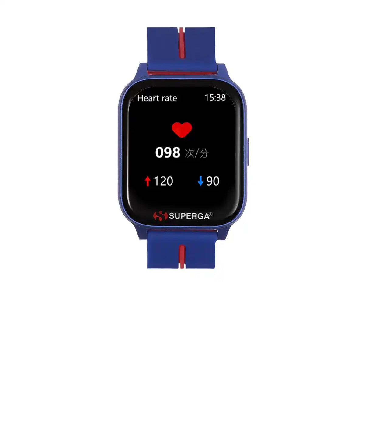 Smartwatch blu con display della frequenza cardiaca.