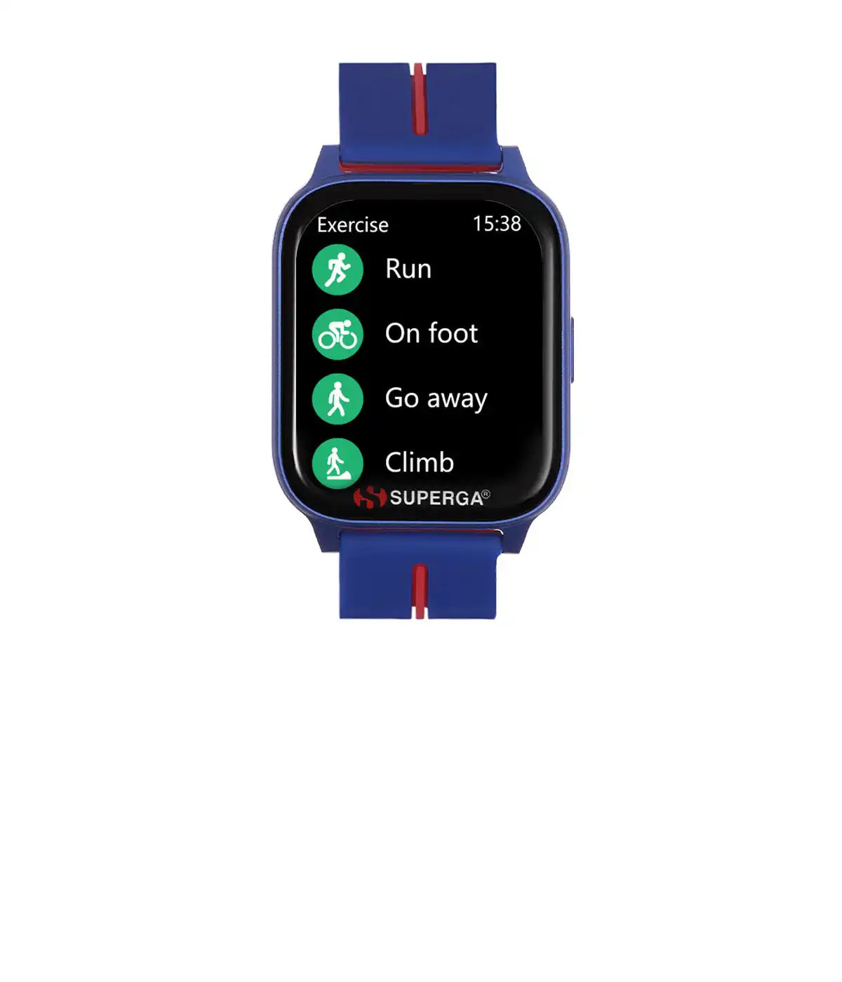 Orologio smart blu con opzioni di esercizio.