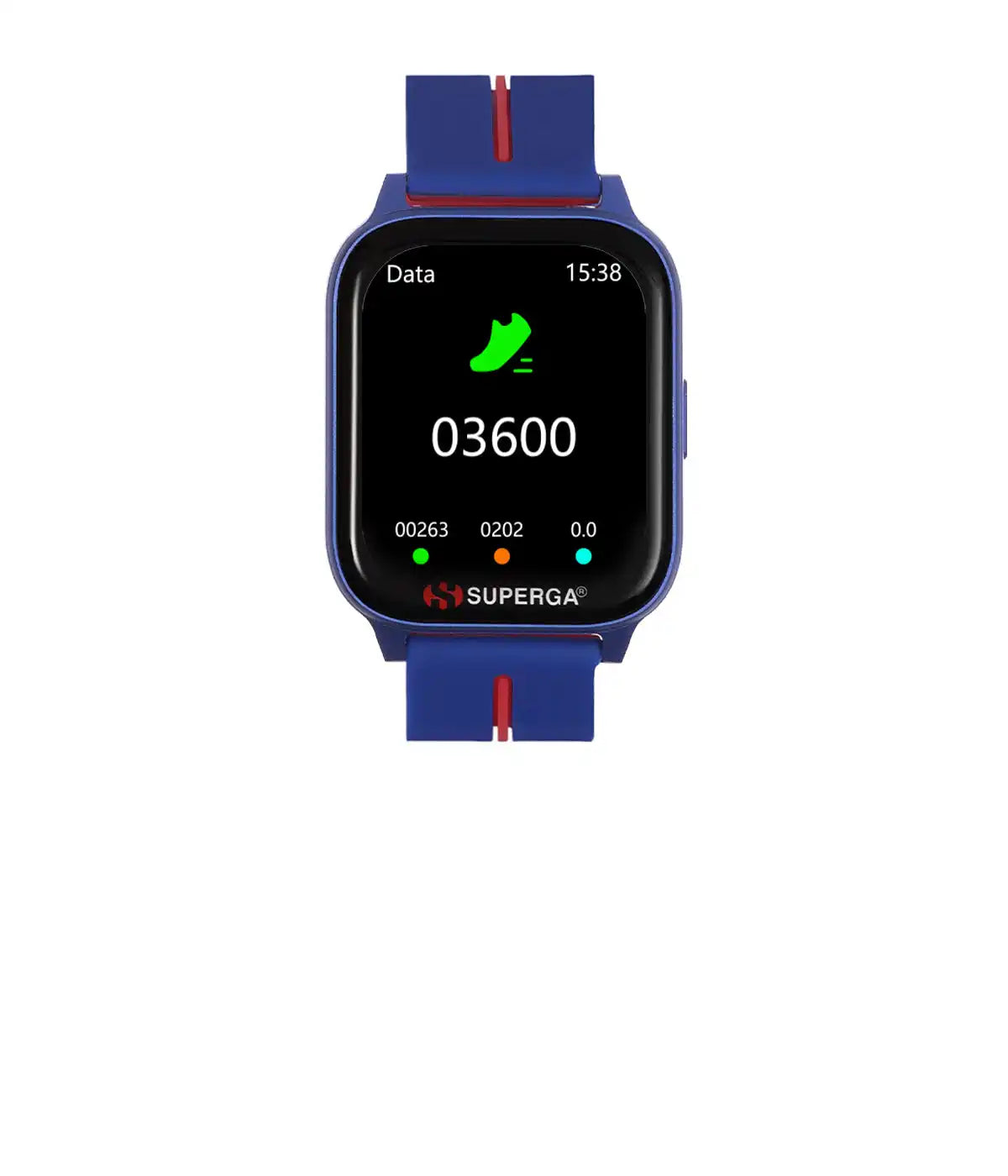 Smartwatch blu con dati fitness.