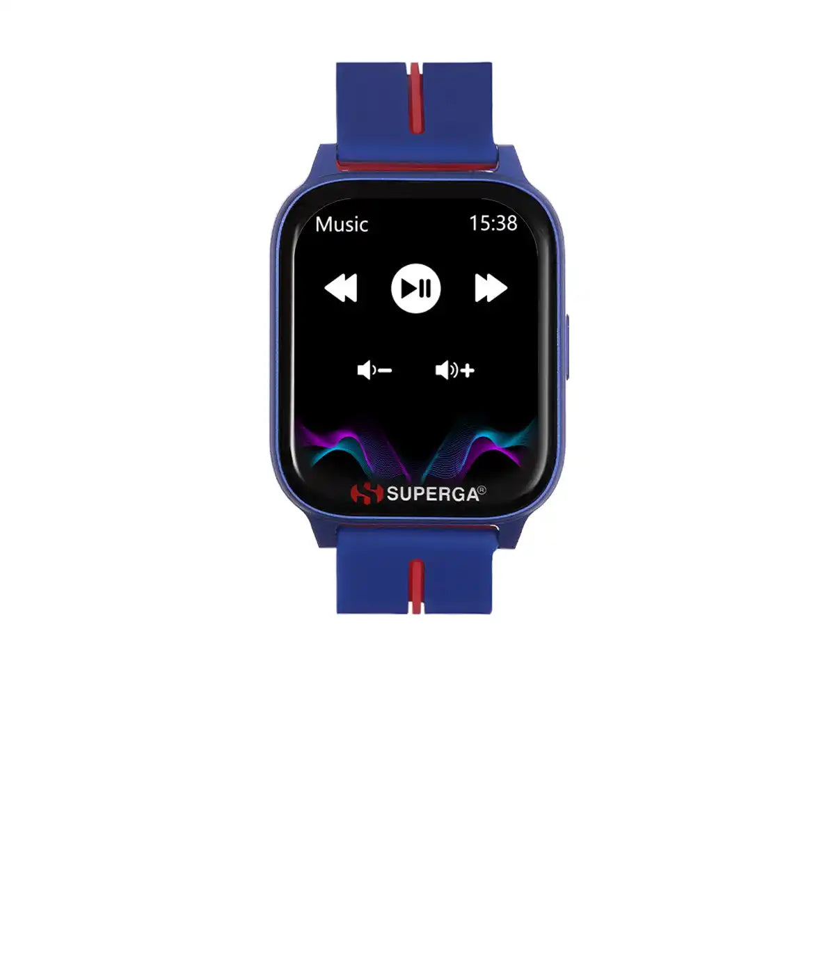 Orologio smartwatch blu con interfaccia del lettore musicale.