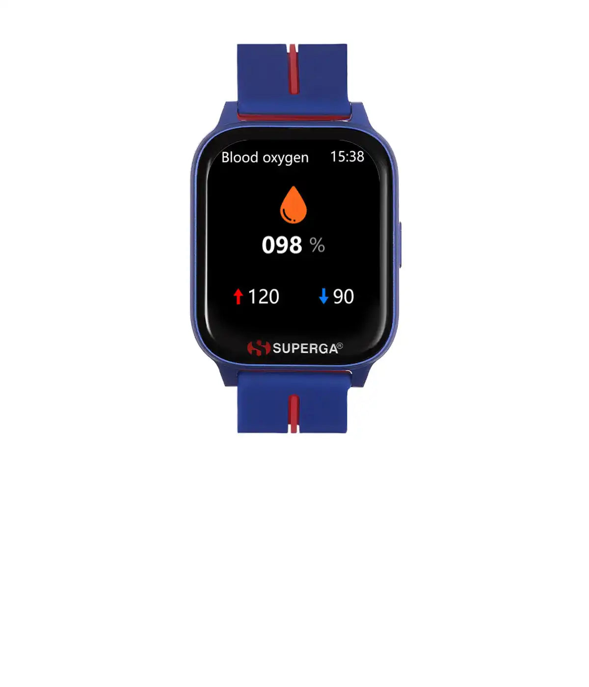 Smartwatch blu con display della saturazione di ossigeno nel sangue.