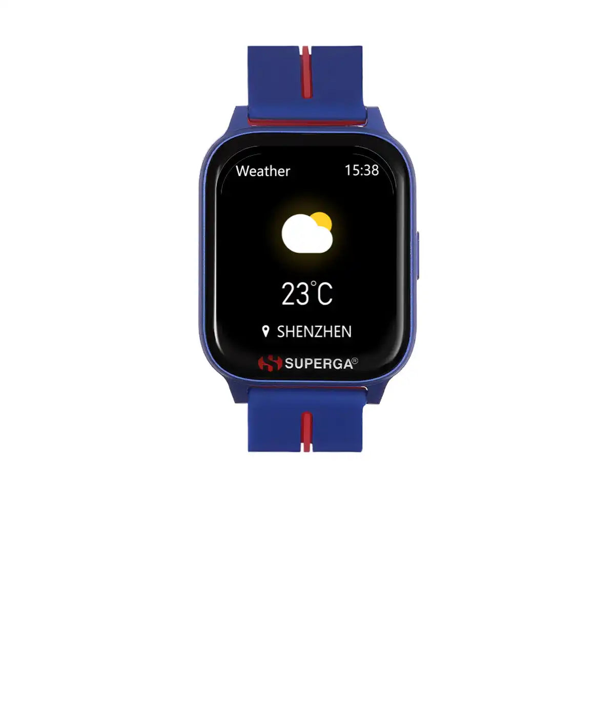 Orologio smartwatch blu che mostra le informazioni meteorologiche.
