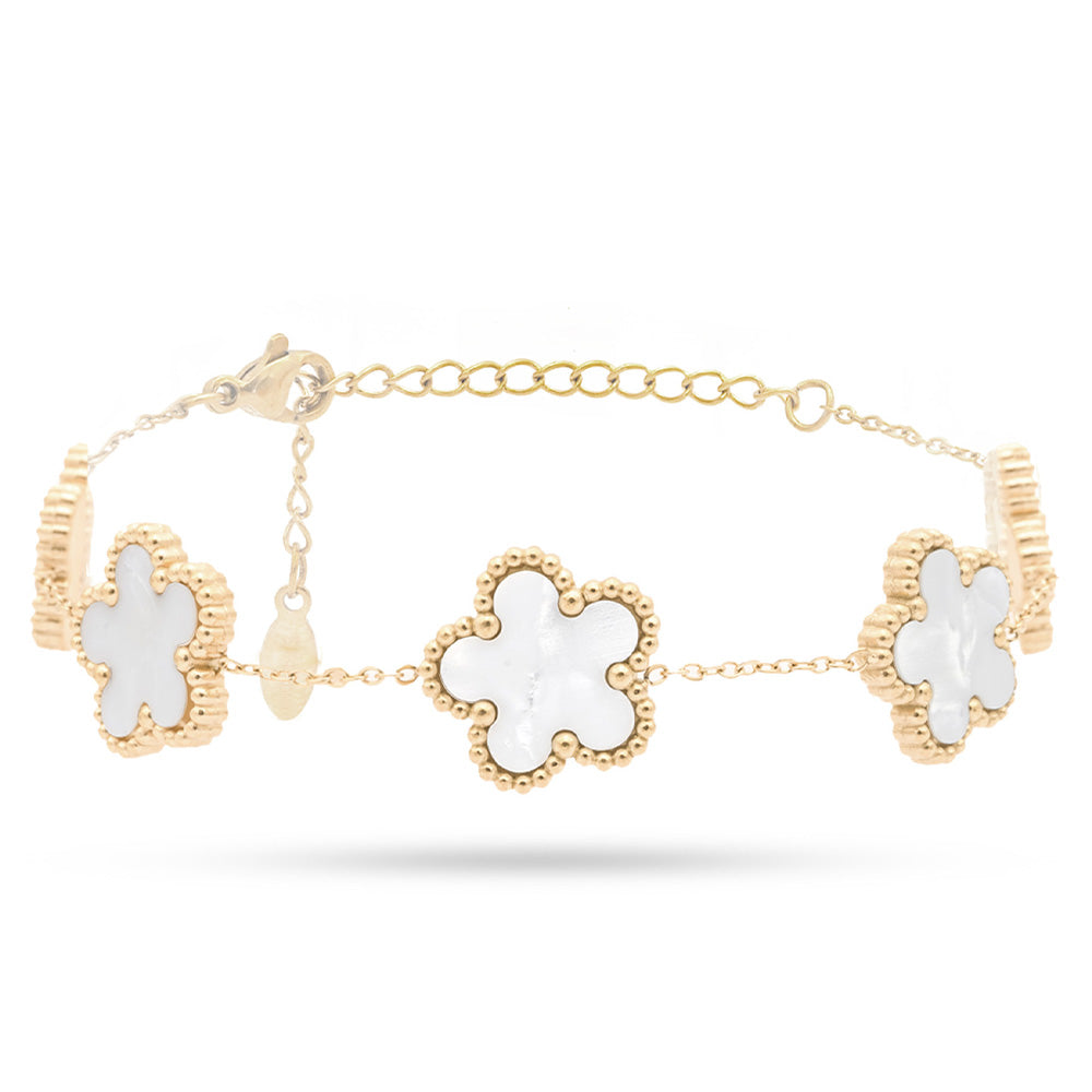 Bracciale Ragazza Oro Giallo 9K Madreperla Fiori Zirconia Brillante 17