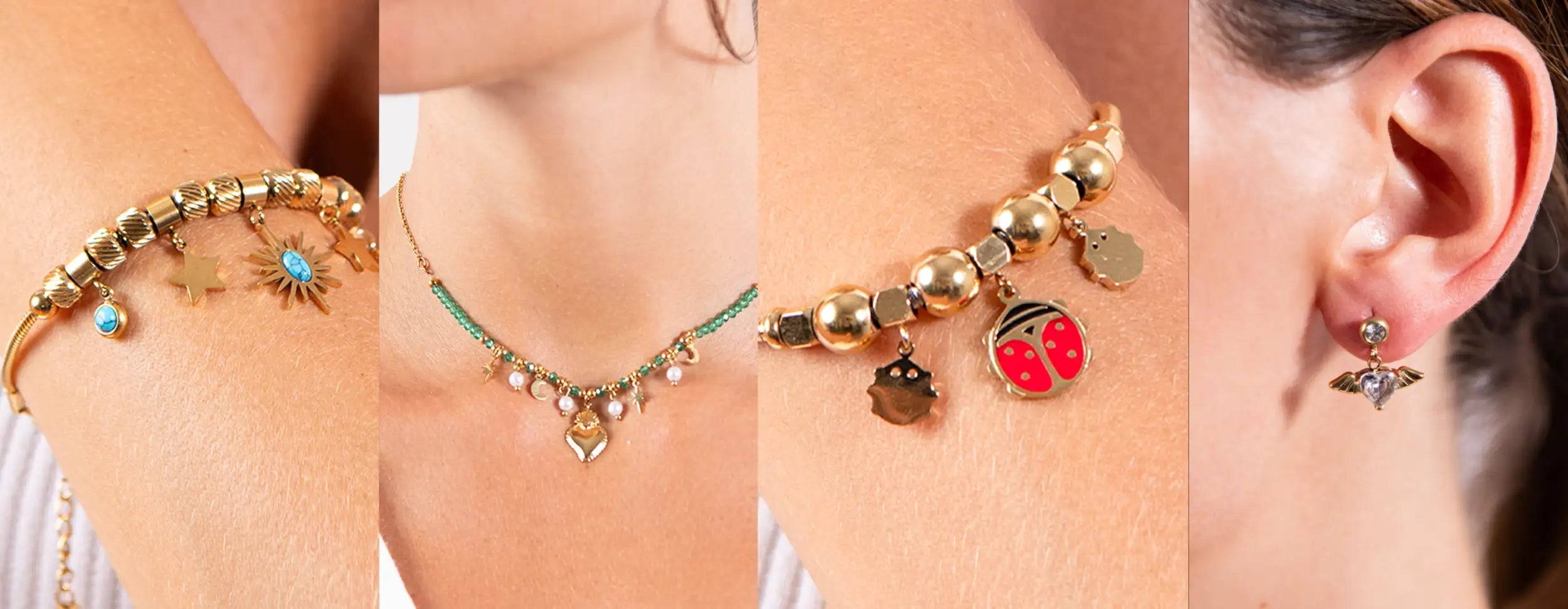 Braccialetto con charm in tono oro con una miscela di perline rotonde, charm a forma di stella e sole con accenti in turchese