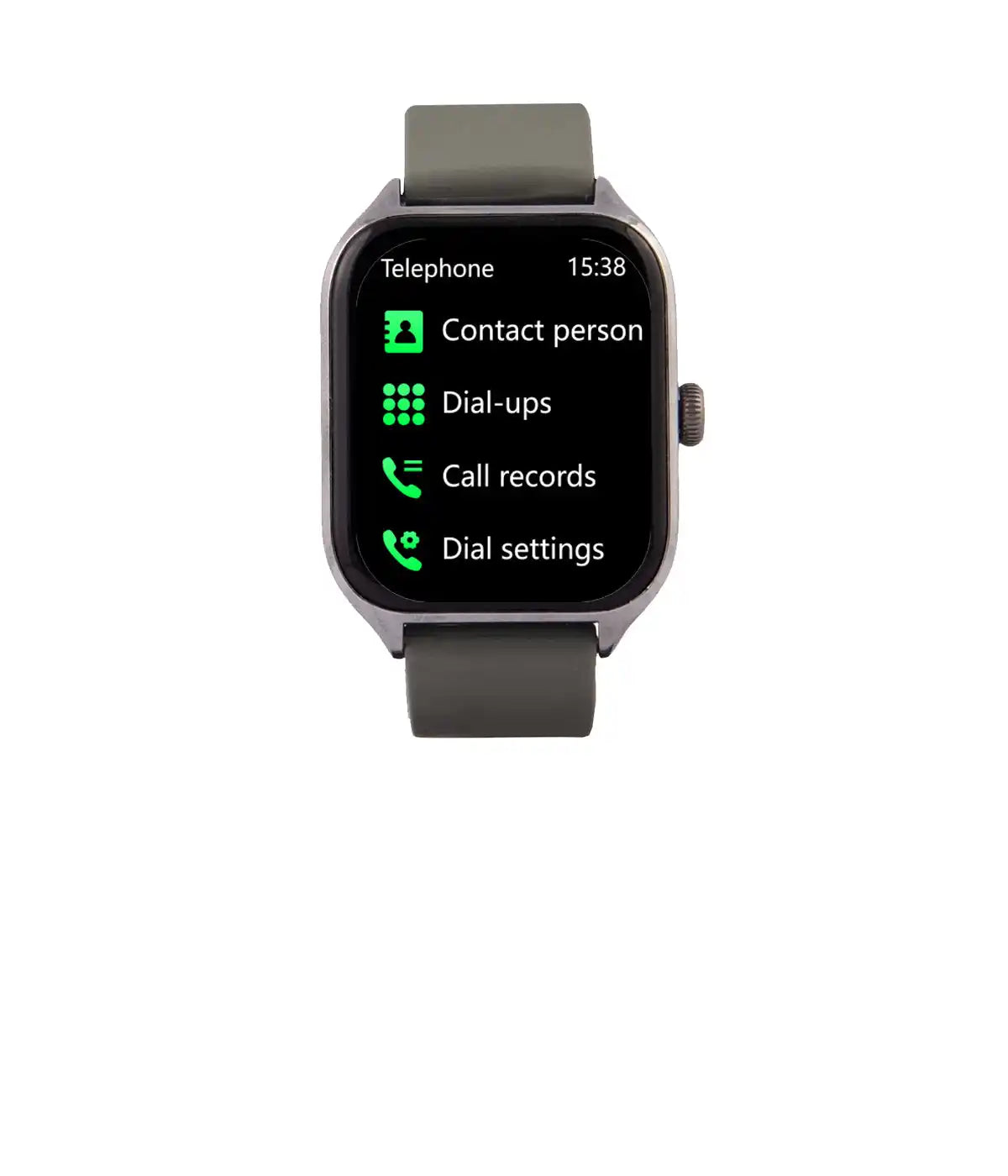 Orologio intelligente grigio con menu telefonico.