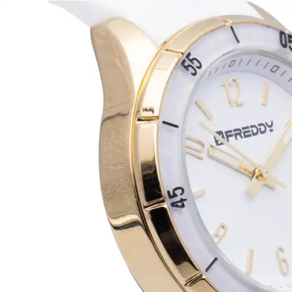 Orologio da polso Freddy oro e bianco.