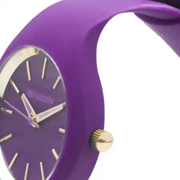Orologio da polso viola con dettagli in oro.