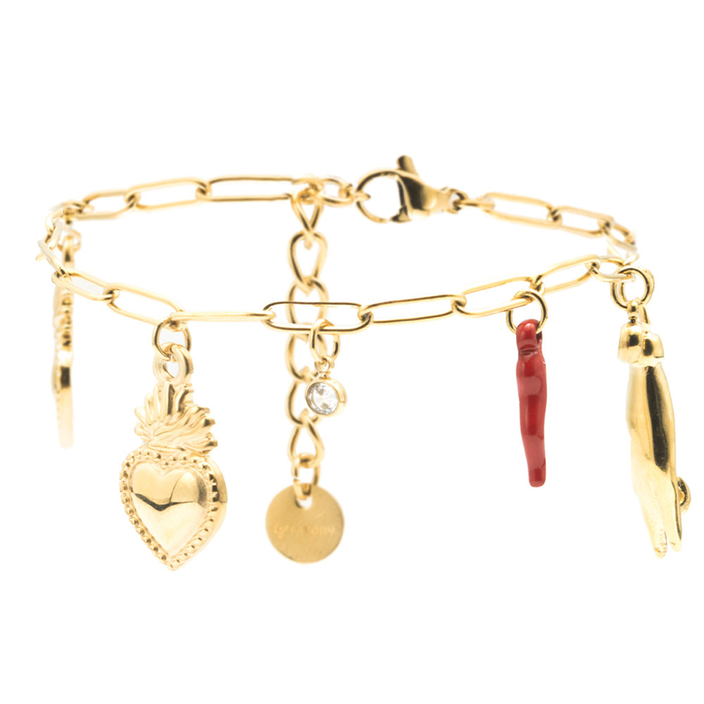 Bracciale con Cuore Fiammeggiante e Charmes Gold