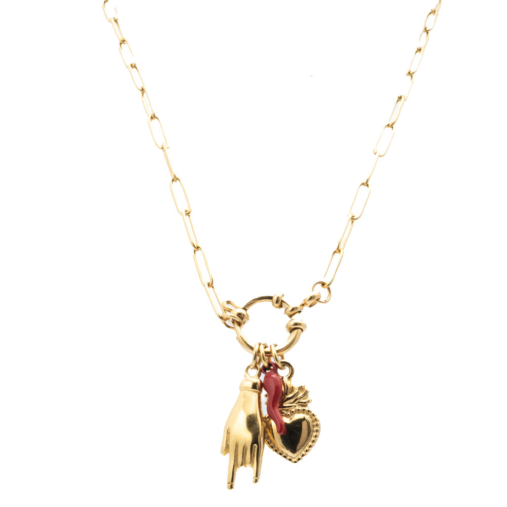 Collana Gold Cuore Fiammeggiante e Charmes