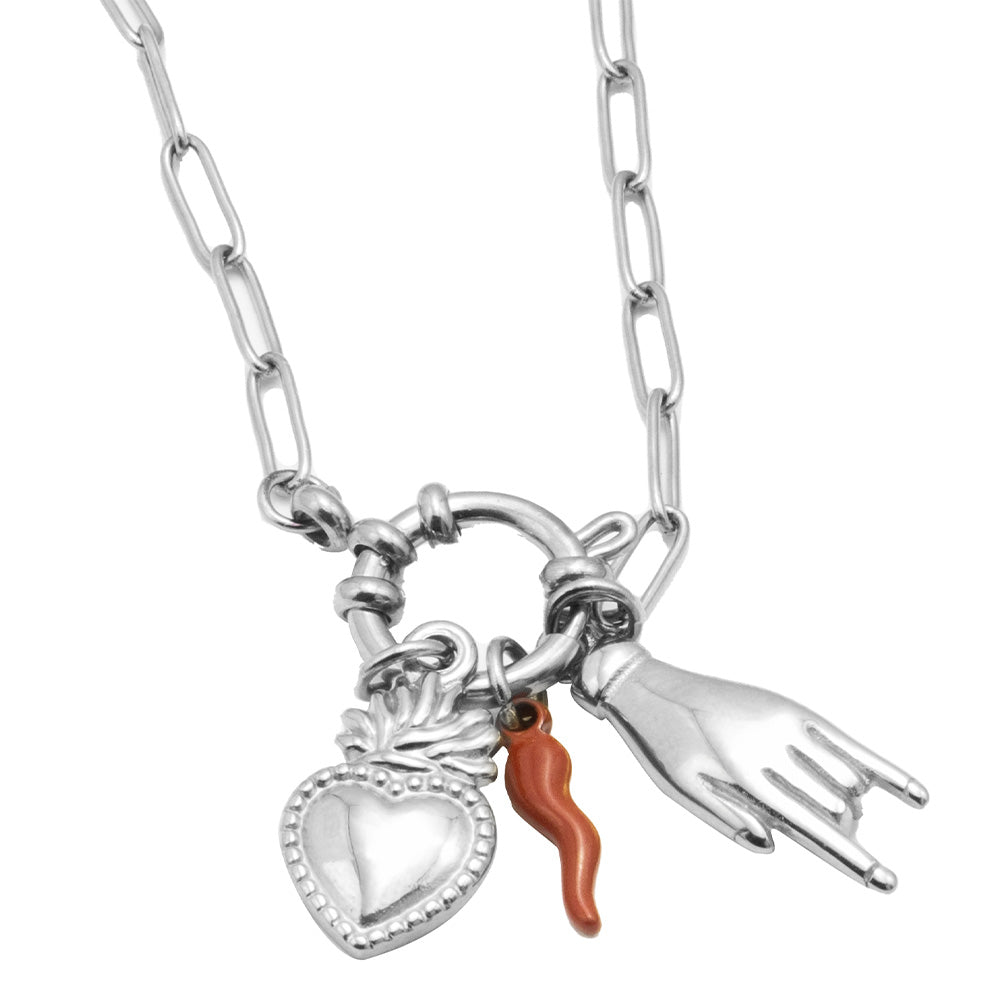 Collana Silver Cuore Fiammeggiante e Charmes