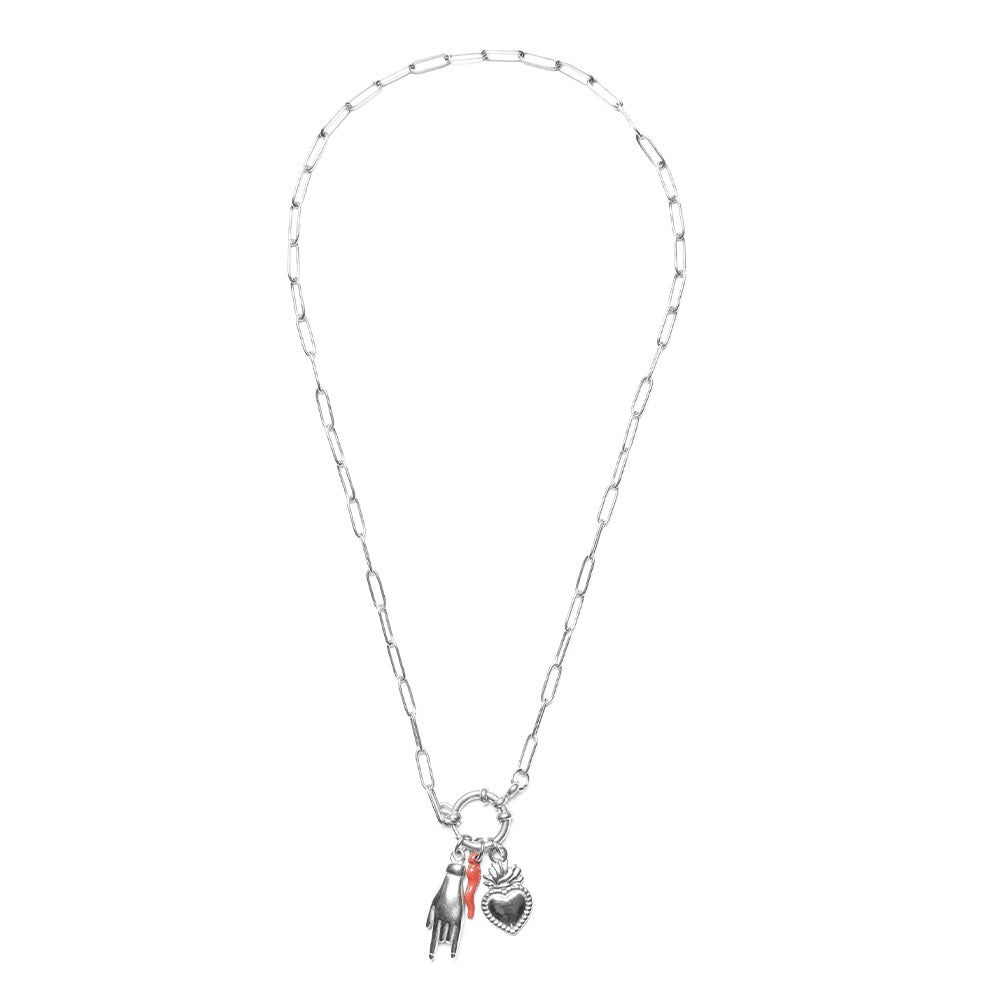 Collana Silver Cuore Fiammeggiante e Charmes