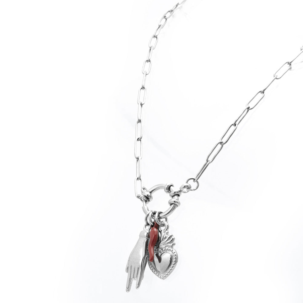 Collana Silver Cuore Fiammeggiante e Charmes