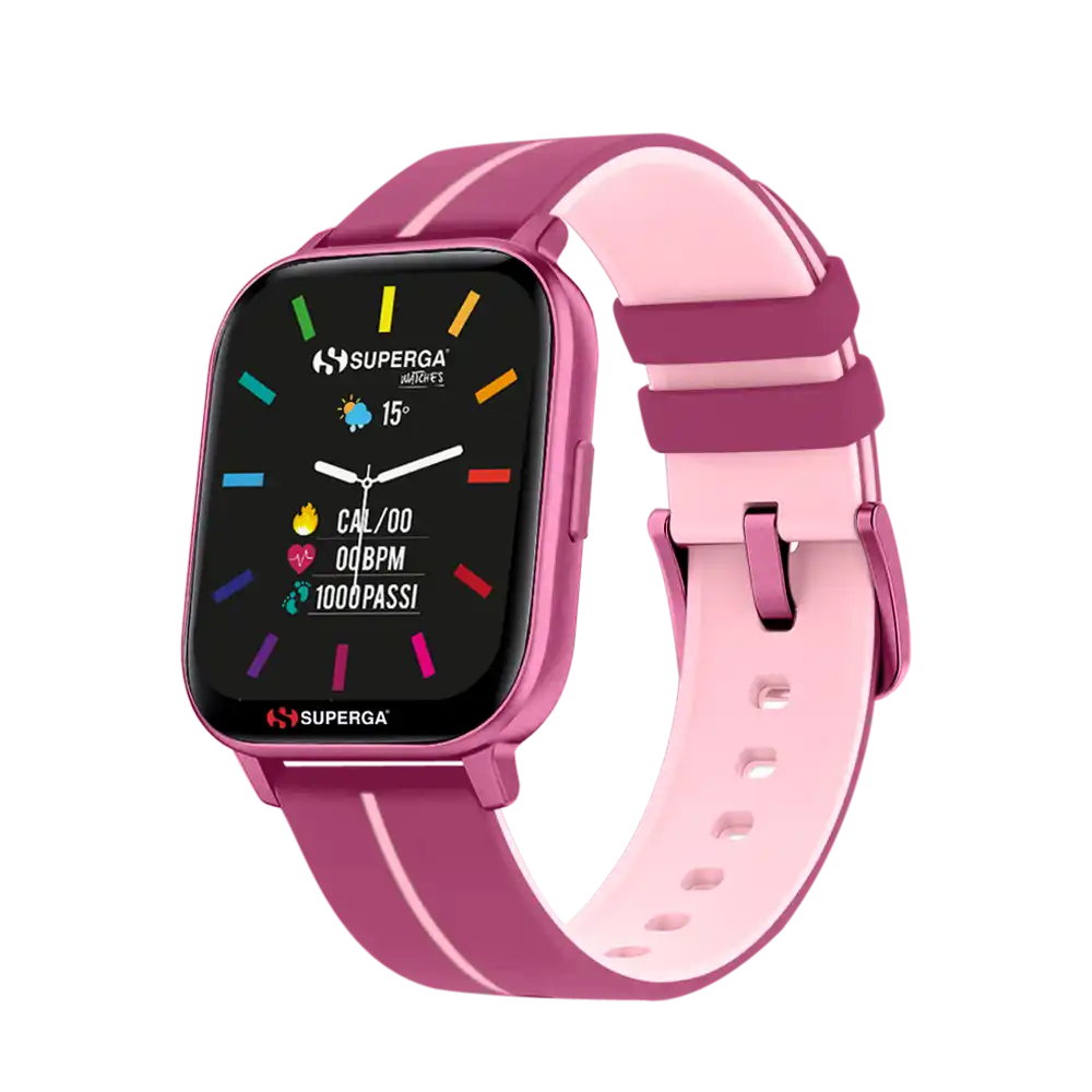 Orologio smartwatch in silicone rosa e rosa chiaro con display digitale quadrato.